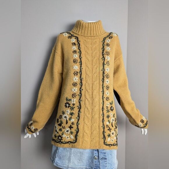 Women's cable knit wool turtle neck embroidered flowers Point Zero 90s M - Picture 2 of 10